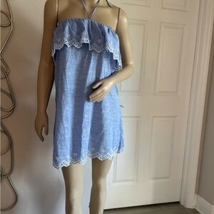 J.Crew Blue Halter Dress with White Lace Trim